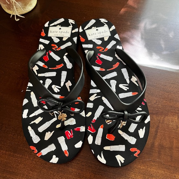 Kate Spade Black Multi Nova Lipstick Print Flip Flop Thong Sandals - Picture 6 of 15
